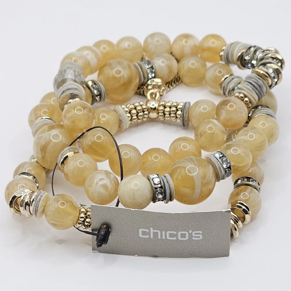CHICO'S Vinia Tan and Gold Beaded Stretch‎ Bracelet Set